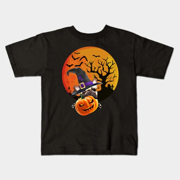 French bulldog, witch hat, scary halloween, jack pumpkin, spooky moon Kids T-Shirt by Collagedream